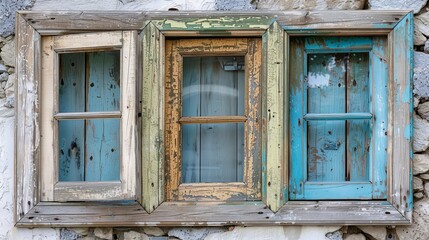 Obraz premium Triptych of weathered, multi-colored wooden window frames in a stone wall.