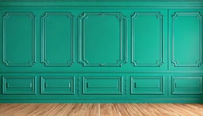 Modern classic style, green and turquoise color tones, empty interior space with elegant wall panels, sleek minimalistic design, soothing atmosphere, clean lines, contemporary decor, spacious and airy