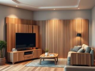 Fototapeta premium Modern wooden tv set and comfortable sofa in cozy living room with neutral tones, cozy, interior design