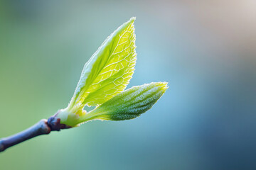 Obraz premium Macro close-up of a tender green leaf emerging from a spring bud