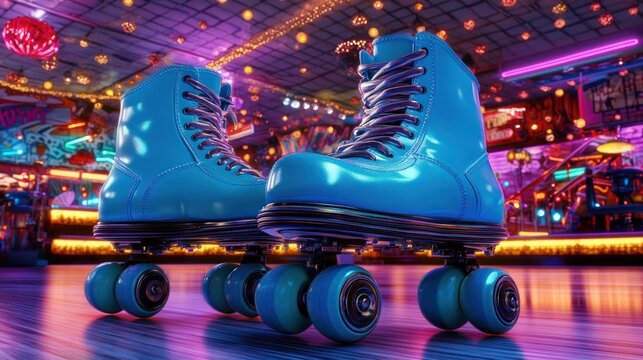 Retro Roller Disco: A vibrant scene of blue roller skates on a polished rink floor, set against a backdrop of neon lights and vintage decor,