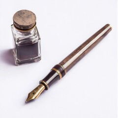 A vintage fountain pen with an ink bottle on a white background