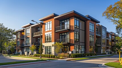 Naklejka premium Modern Brick Apartment Building with Balconies on a Sunny Day
