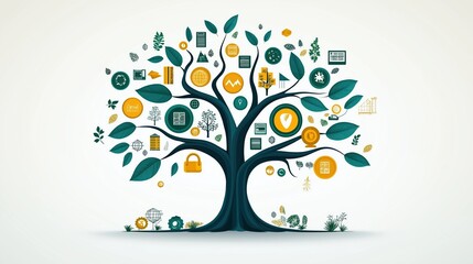 Eco friendly investment strategy visualized as tree. Icons for green bonds, sustainability displayed on leaves, branches. Illustration represents growth of eco business. Various financial, eco