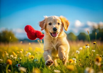 Golden Retriever Puppy Playing Fetch, Adorable Dog Toy, Happy Golden Puppy, Landscape Photography, Outdoor Dog Fun