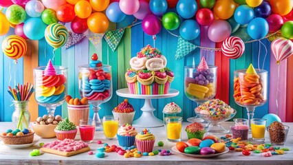 Fototapeta premium A vibrant birthday bash: sweet treats, cupcakes, balloons, and joyful smiles captured.