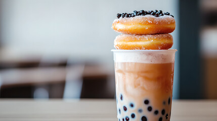 a delicious looking boba tea, with a stack of mochi donuts