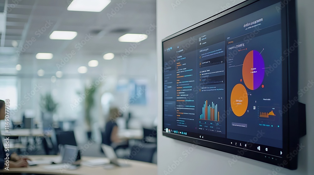 Poster Office wall-mounted display showing business analytics data, charts, and graphs.