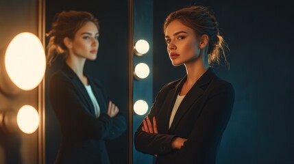 Confident woman in black blazer, arms crossed, reflected in vanity mirror.