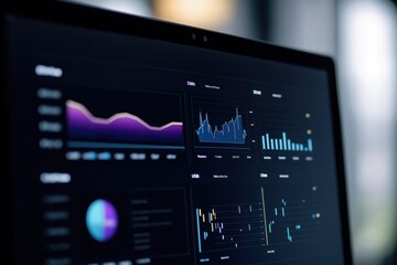 Computer monitor displays dark mode dashboard with various graphs, charts. Data analysis interface shows different metrics. Modern tech interface for business finance. Data visualization, trend