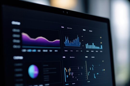 Computer monitor displays dark mode dashboard with various graphs, charts. Data analysis interface shows different metrics. Modern tech interface for business finance. Data visualization, trend - Powered by Adobe