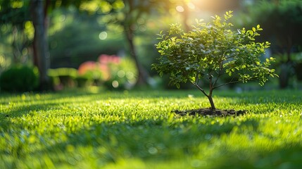 Fototapeta premium Young tree sapling thriving in a sunlit green lawn, a symbol of new life and growth.