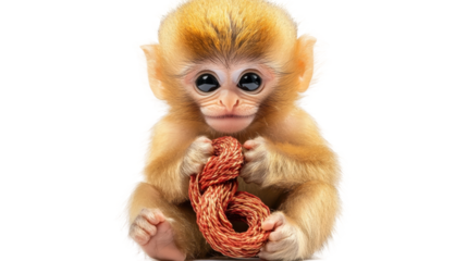 Cute young monkey sitting and playing with a piece of rope in a bright white setting