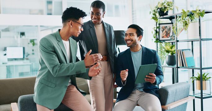 Success, eco consultant and tablet with business people in office for sustainability manager, winner and planning. Environment policy, climate change deal and excited with employees for good news