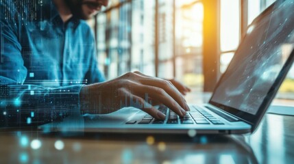 Man Working on Laptop with Digital Overlay