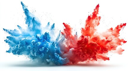 Isolated white background with brilliant red and blue paint colors and a powder festival explosive blast.