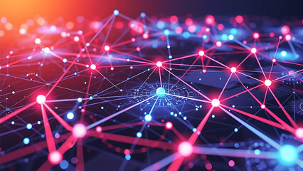 Abstract technology network with glowing nodes and lines. Modern and sophisticated background for banners, posters and social media.