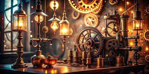Obraz premium Bokeh-blurred steampunk office: vintage gears, copper pipes, and a ticking mechanical clock.