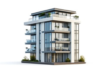 apartment tower with penthouse balcony isolated on white background