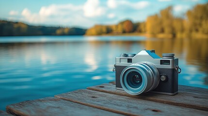 Photography is captured in this image of a vintage camera resting on a wooden platform near a calm body of water. -