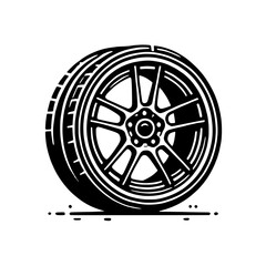 Fototapeta premium Black and White Car Rim Illustration: A sleek, stylized illustration of a car rim in a black and white design. The rim boasts a sporty, modern aesthetic, capturing the essence of automotive design.
