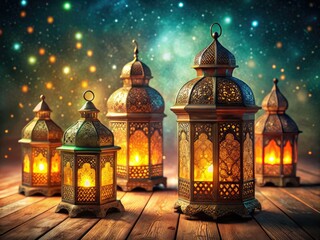 Fototapeta premium Celebrate Ramadan with this vintage-style calendar, featuring glowing lanterns and a charming 3D design.