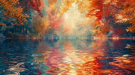 Fototapeta premium Autumnal Reflections: A serene lake mirroring vibrant fall foliage.