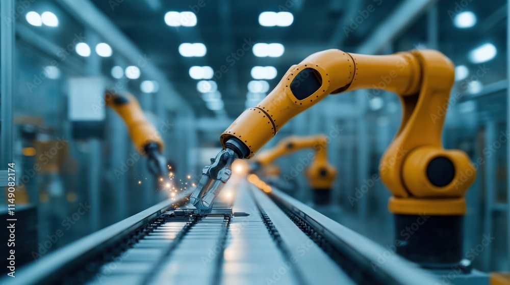 Poster modern tech factory shows automated assembly line. robotic arms assemble products efficiently. strea