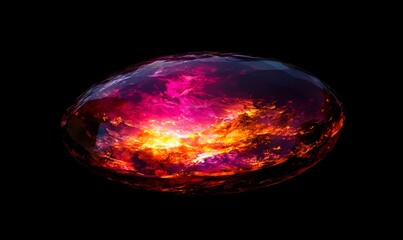 Glowing gemstone with fiery, nebula-like internal pattern on dark background.