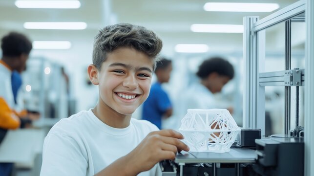 Happy student smiles adjusting 3D printer in modern tech room. Likely learning about STEM principles, innovation. Tech room bright, students working on projects. Focus on creativity, education,