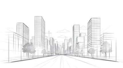 Urban street scene. Tall buildings line city street. Perspective view. Simple line drawing. Modern architecture. City landscape. Urban design illustration.