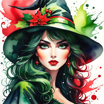 Christmas Witch Watercolor Painting