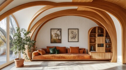 Modern living room with curved wooden ceiling and built-in sofa.