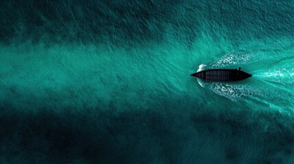 Obraz premium Aerial view of a boat speeding across turquoise ocean water.