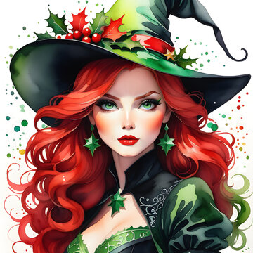 Christmas Witch Watercolor Painting