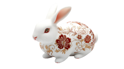 Decorative ceramic rabbit showcases intricate floral patterns and fine craftsmanship in a serene display setting