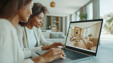 Couple explore virtual real estate tour on laptop. Modern home search in progress. Focused, engaged on tech for home buying. Cozy living room displayed on screen. Home seekers using digital tech for