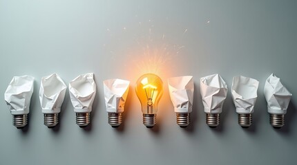 A single illuminated light bulb glowing brightly amongst a group of dim or unlit bulbs, symbolizing a unique, innovative idea outshining the conventional or outdated thoughts