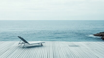 Obraz premium Relaxing Beach Lounger Overlooking Calm Ocean Waves on Deck