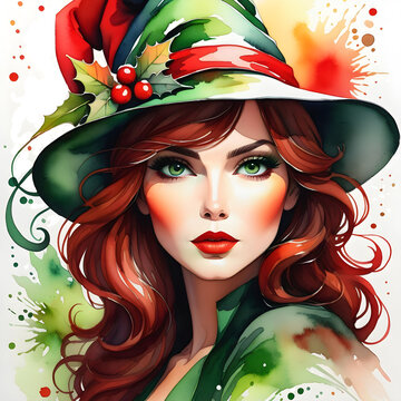 Christmas Witch Watercolor Painting