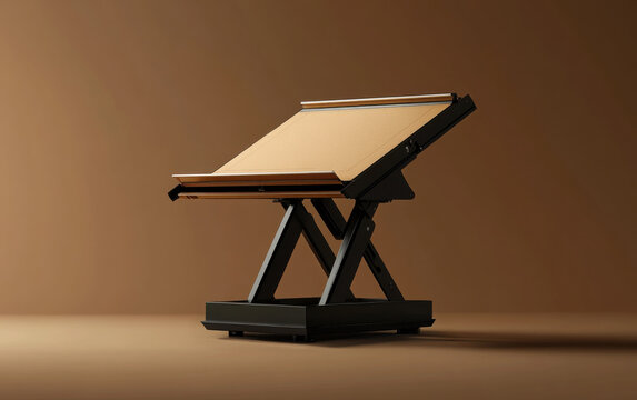 A sleek drafting table with a tilted surface in an empty brown space. 
