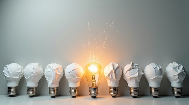 A single illuminated light bulb glowing brightly amongst a group of dim or unlit bulbs, symbolizing a unique, innovative idea outshining the conventional or outdated thoughts