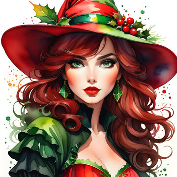 Christmas Witch Watercolor Painting