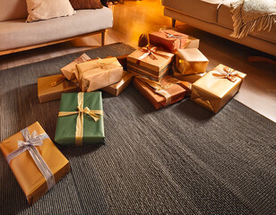 Wrapped and ribbon tied gifts arranged on living room floor suggesting a Christmas or festive holiday