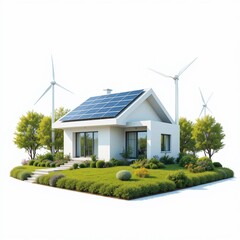 Obraz premium Eco Friendly Home Solar Panels Wind Turbines Green Landscape