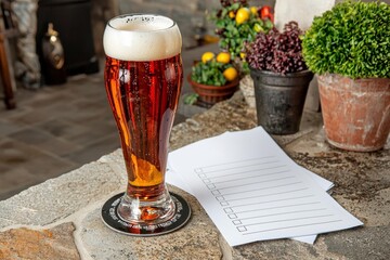 The pub quiz concept. Beer glass and blank paper for answers. , isolated on white background,  , copy space, copy space for text,