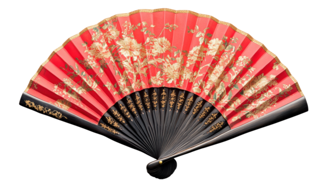 Elegant red fan with floral design showcasing traditional craftsmanship and artistry from Asian culture