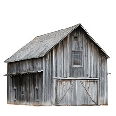 rustic barn-style home with weathered wood siding isolated on white background