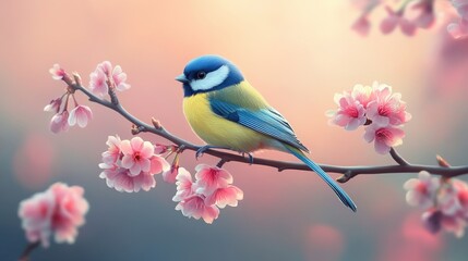 Fototapeta premium Colorful Bird Perched on Branch Surrounded by Cherry Blossoms