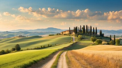 Fototapeta premium italy tuscany countryside rolling hills; summer farmland and country road